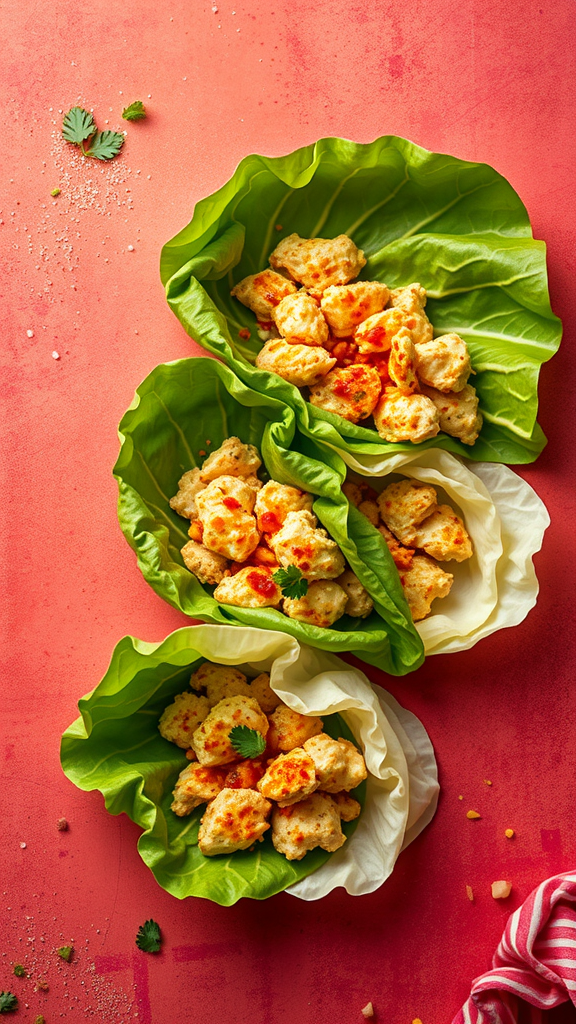 Cabbage leaves filled with cheesy garlic chicken bites, set against a colorful background.