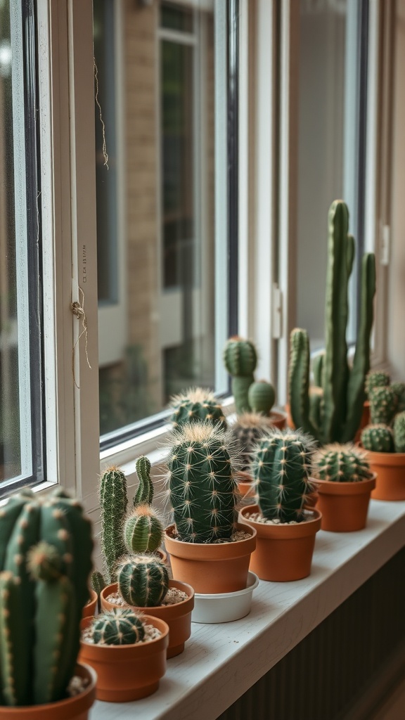 A collection of various cacti in terracotta pots arranged on a windowsill.