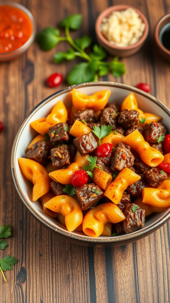 A bowl of Cajun Beef Bowtie Pasta with vibrant orange noodles and chunks of beef, garnished with herbs.
