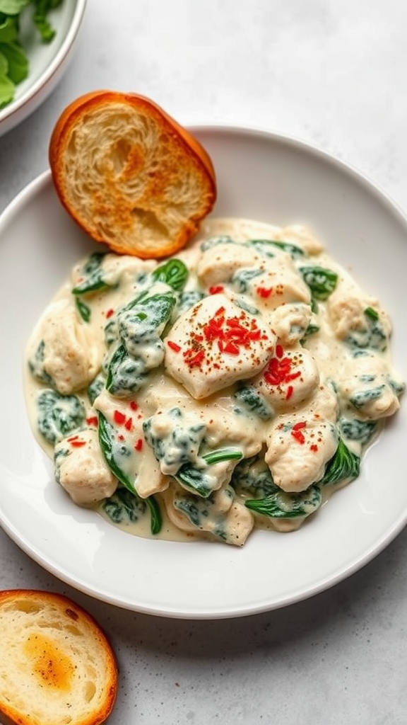 Cajun Chicken Alfredo with Spinach in a white bowl