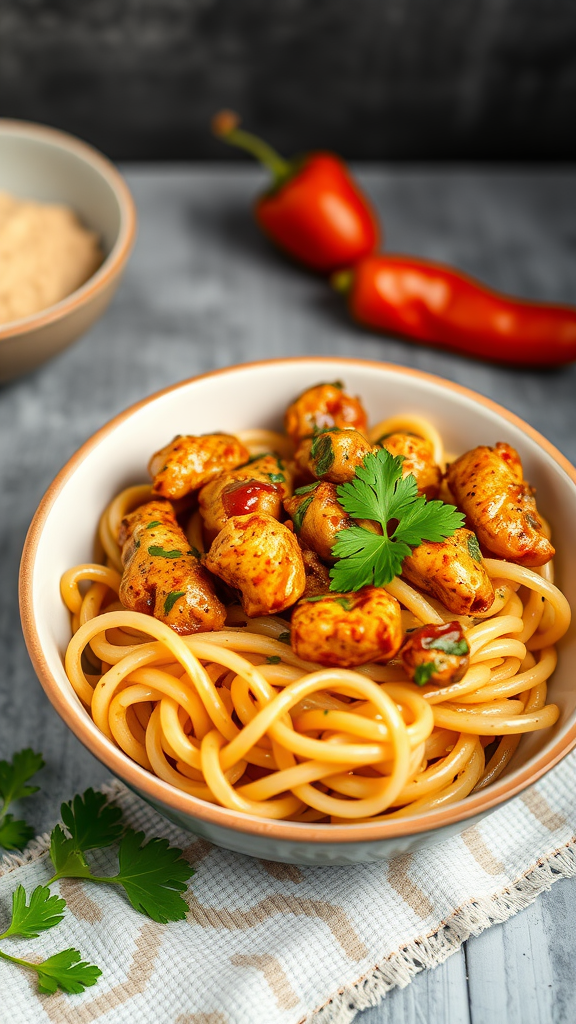 A bowl of Cajun chicken pasta with cilantro and red peppers