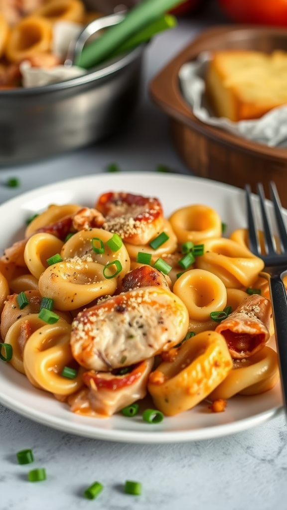 A plate of Cajun Marry Me Chicken Tortellini with green onions