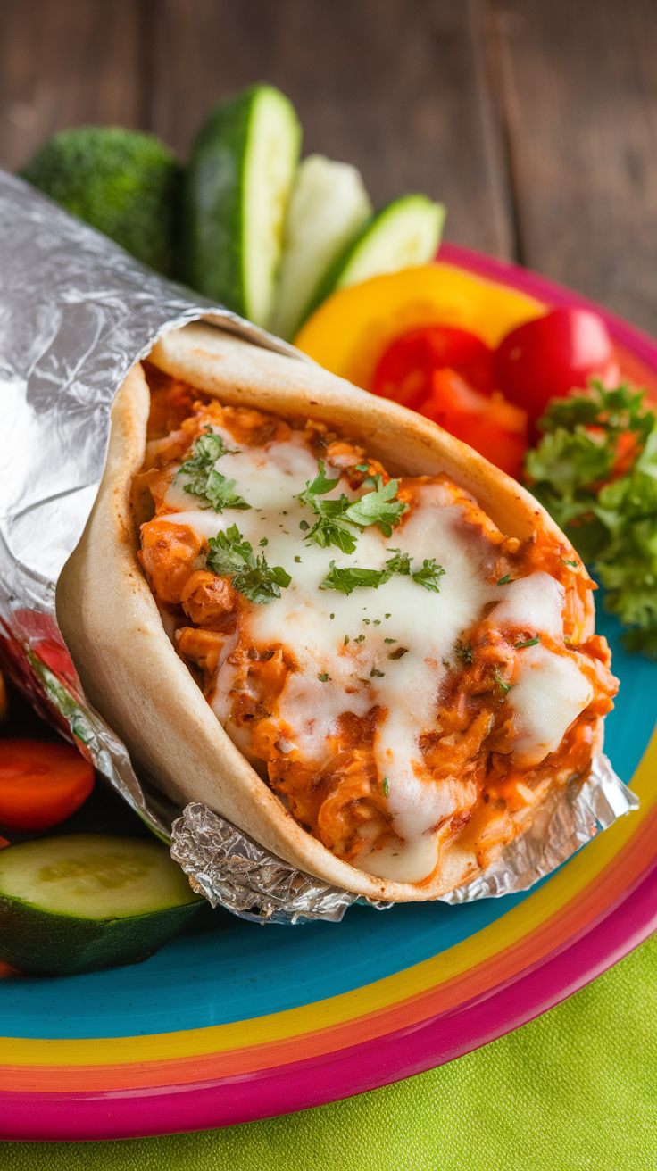 A delicious Cajun spiced chicken wrap filled with cheese and garnished with herbs.