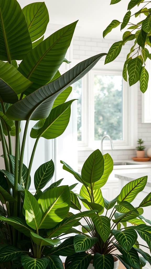 A close-up of Calathea plants showcasing their striking patterns and lush green leaves in a bright indoor setting.