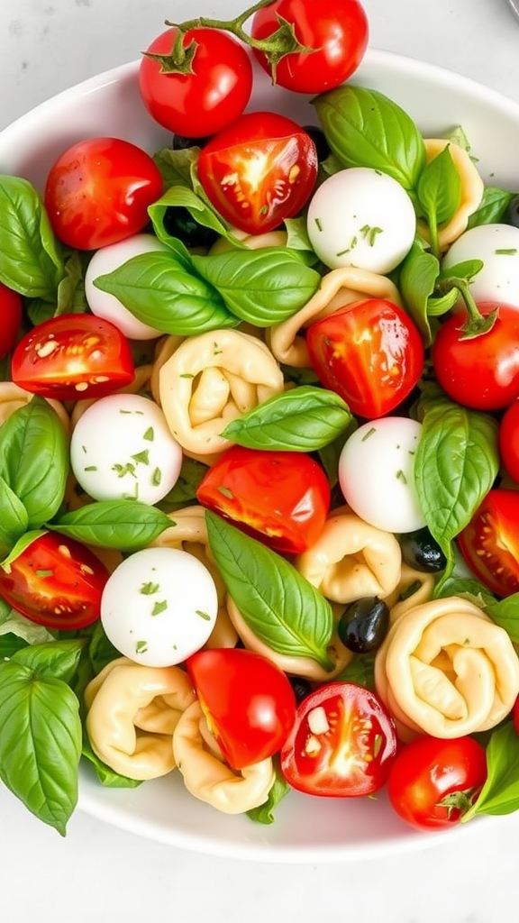 A colorful salad with tortellini, cherry tomatoes, mozzarella balls, and fresh basil.
