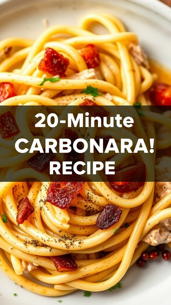 A plate of Carbonara Chicken Pasta with spaghetti, crispy pancetta, and garnished with parsley.