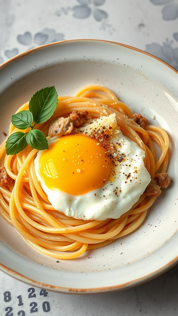 A plate of Carbonara Chicken Spaghetti topped with a runny egg and herbs