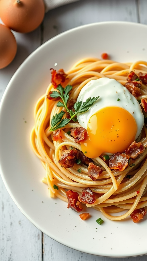 A plate of Carbonara-style pasta topped with a runny egg yolk and crispy bacon.