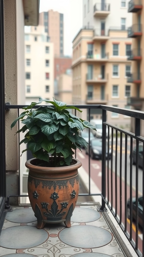 A cast iron plant in a decorative pot on a balcony with buildings in the background.