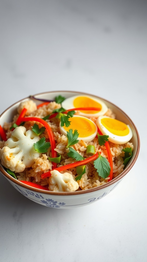 A bowl of cauliflower fried rice with red bell peppers, eggs, and garnished with parsley.