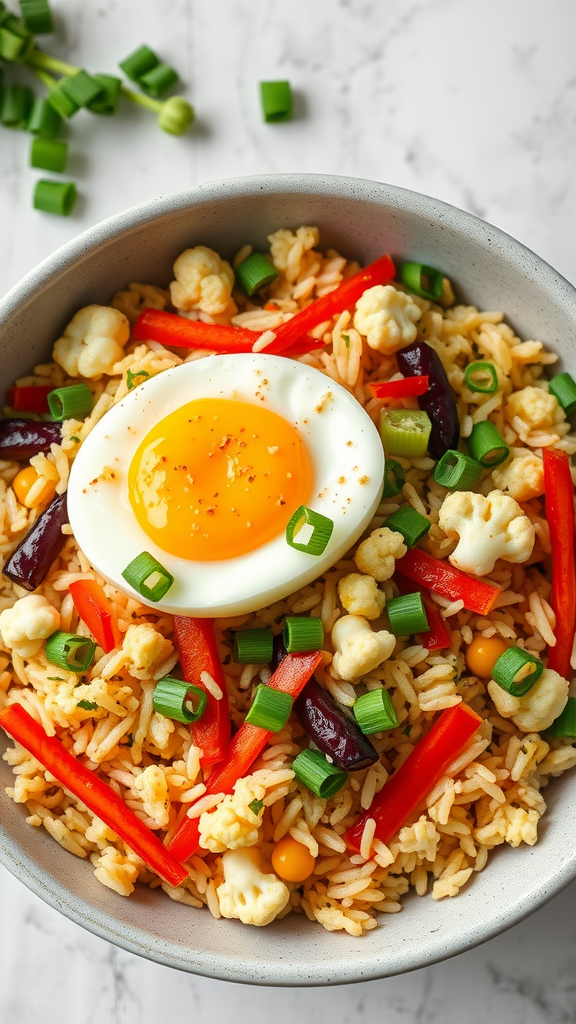 A bowl of cauliflower fried rice with vegetables and a soft-boiled egg on top.