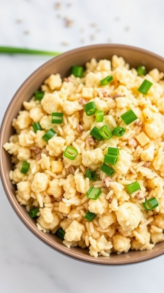 A bowl of cauliflower fried rice topped with green onions.