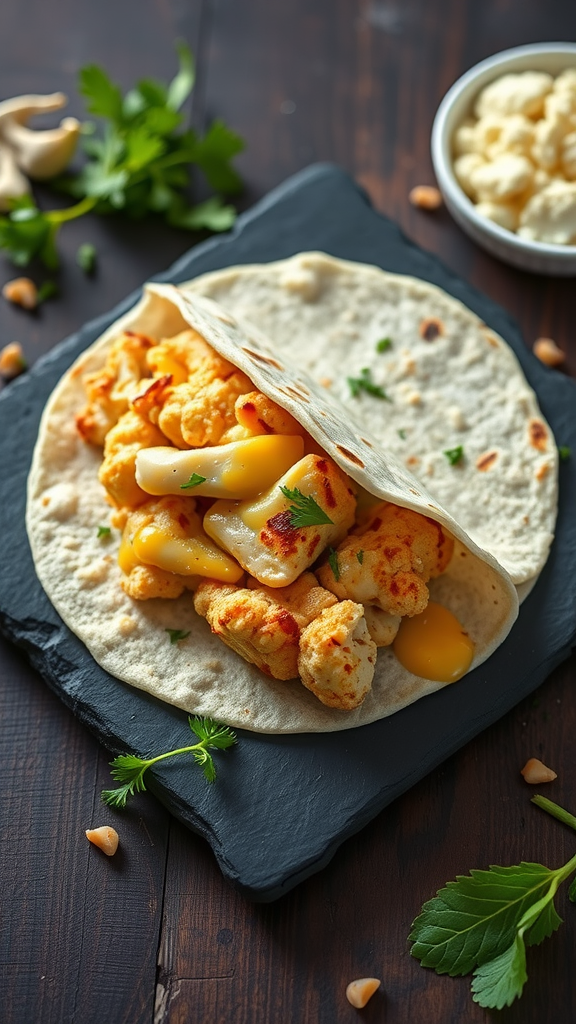 A cauliflower tortilla filled with cheese, garlic, and vegetables on a slate serving board.