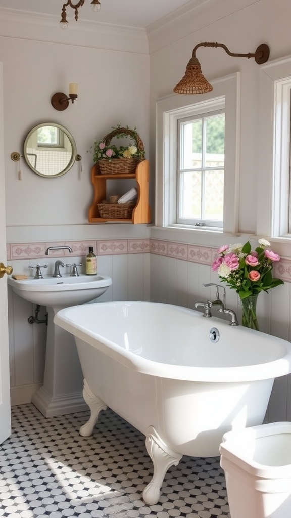 A charming vintage-style bathroom featuring a classic tub, retro fixtures, and fresh flowers in a cozy setting.