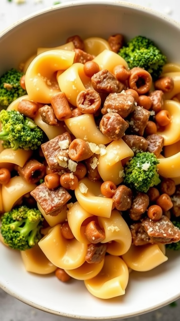 A bowl of cheesy beef and broccoli bowtie pasta with vibrant green broccoli and pieces of beef.