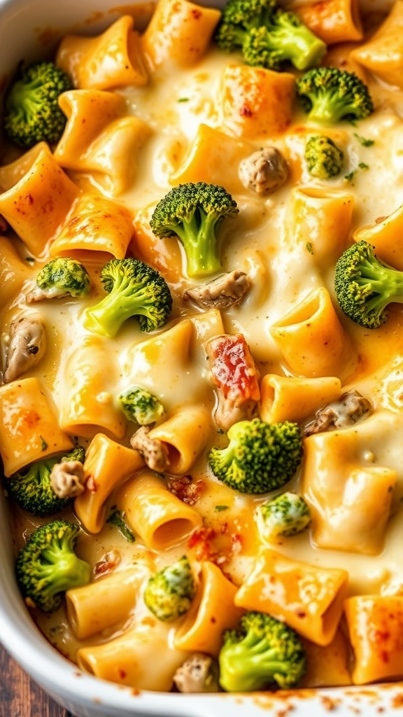 A delicious cheesy broccoli beef bowtie bake in a red dish, topped with vibrant broccoli and surrounded by creamy pasta.