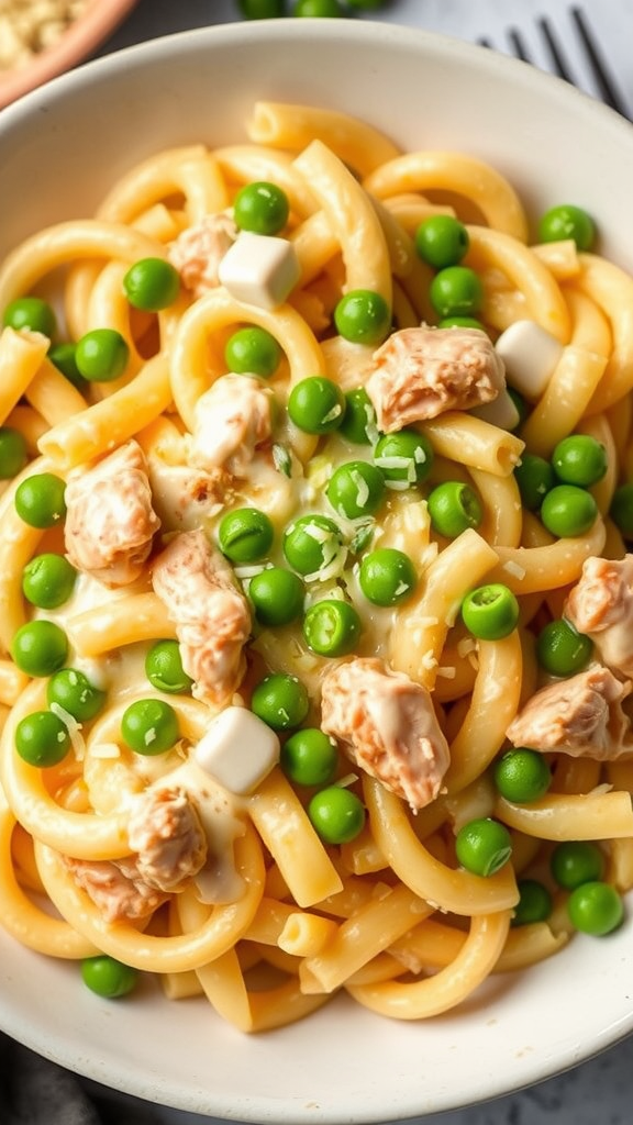 A bowl of creamy cheesy chicken and peas pasta, garnished and ready to serve.