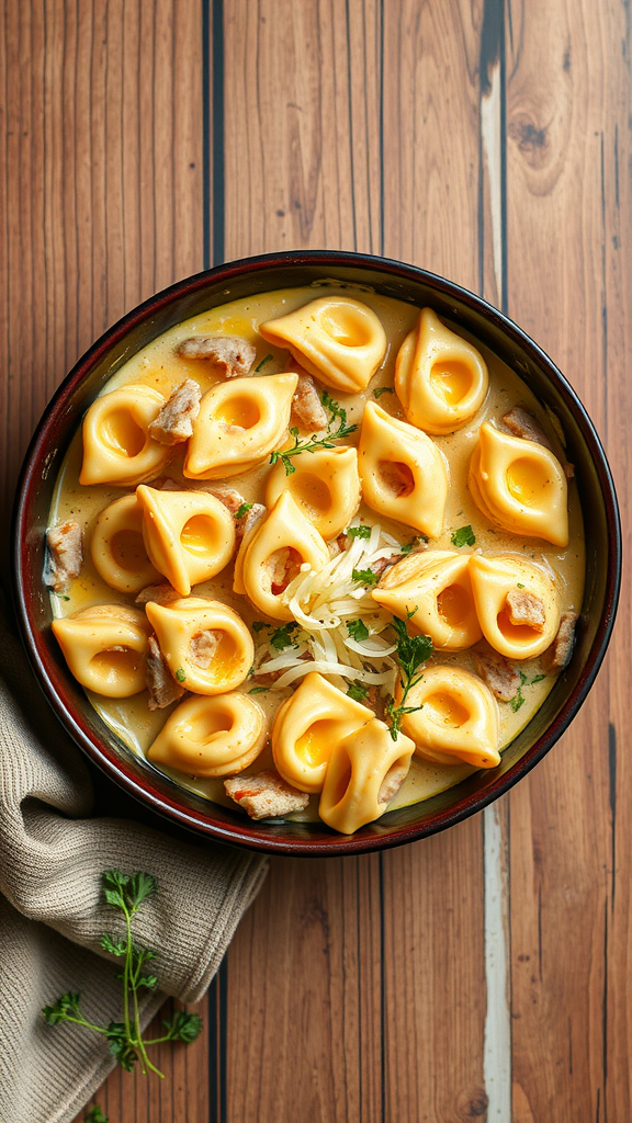 A bowl of cheesy chicken tortellini with a creamy sauce, garnished with herbs.