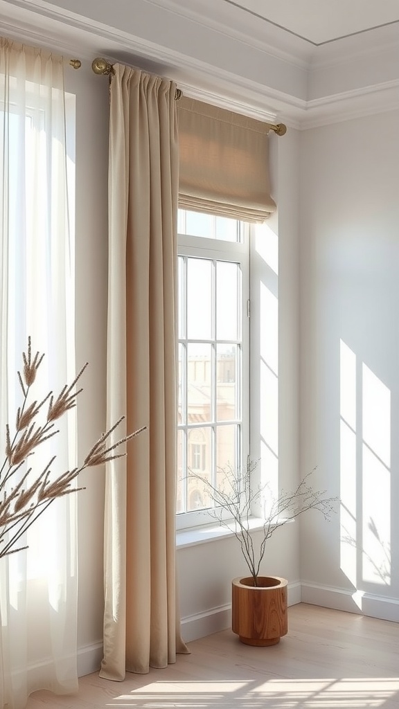 Minimalist window treatments with sheer curtains and a roller shade.