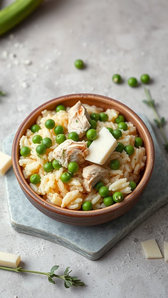 A bowl of chicken and pea risotto with green peas and pieces of chicken.