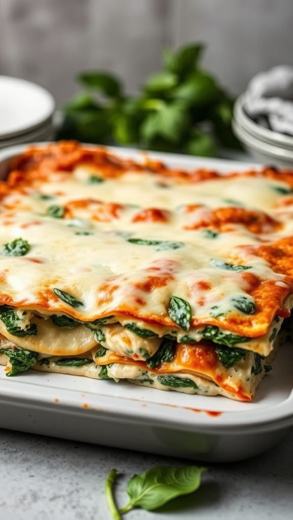 A delicious Chicken and Spinach Lasagna topped with melted cheese