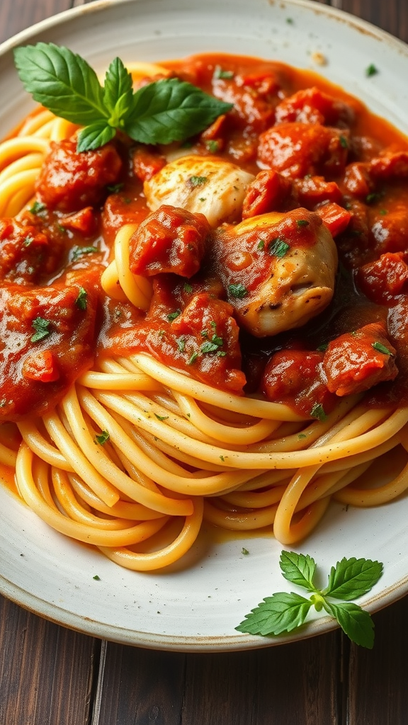 Plate of Chicken Cacciatore Pasta with spaghetti, tomato sauce, and fresh herbs