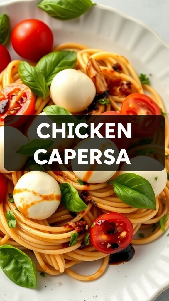 Chicken Caprese Pasta with fresh ingredients and vibrant colors.