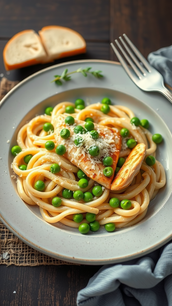 A plate of Chicken Carbonara with peas, featuring pasta and chicken slices, garnished with fresh peas.