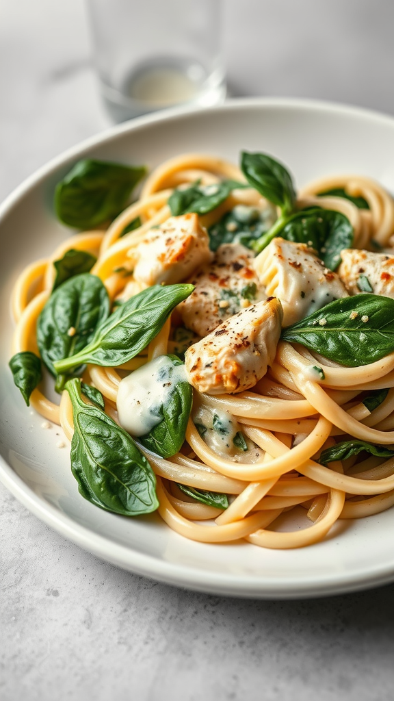 A plate of Chicken Florentine Fettuccine with spinach and creamy sauce.