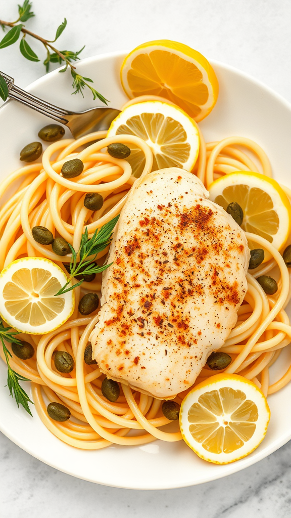 A plate of Chicken Piccata Pasta with lemon slices and capers.