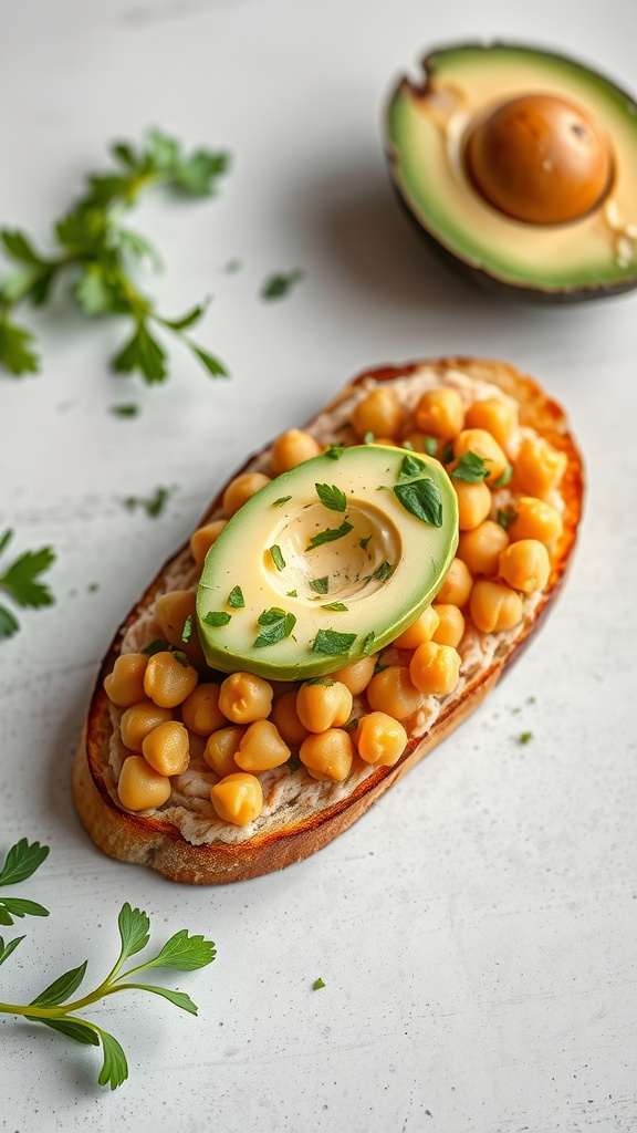 Chickpea and avocado toast with parsley on a white surface.