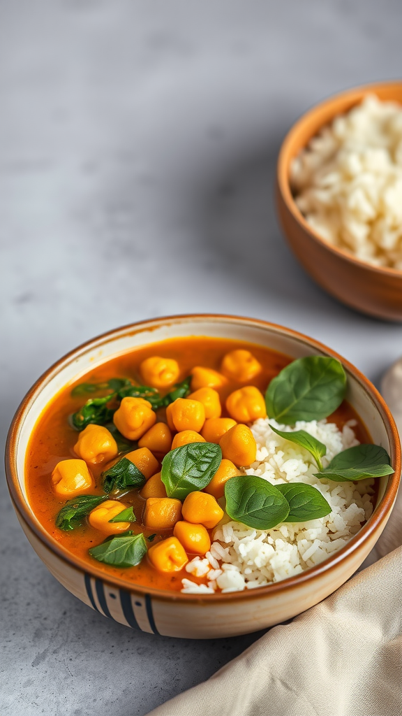 A bowl of chickpea curry with spinach served over white rice, garnished with fresh basil leaves.