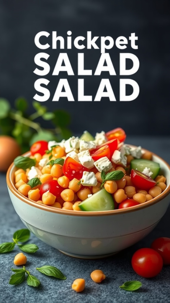 A colorful chickpea salad with feta, cherry tomatoes, and cucumber in a bowl.
