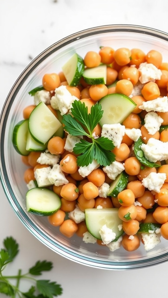 A vibrant salad featuring chickpeas, cucumber, and feta cheese.