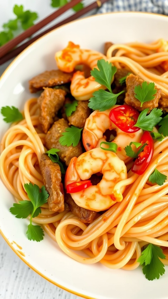 A plate of chili garlic shrimp and beef rice noodles garnished with cilantro and red chili.
