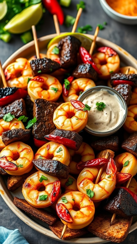 Chili lime beef and shrimp skewers served with dipping sauce