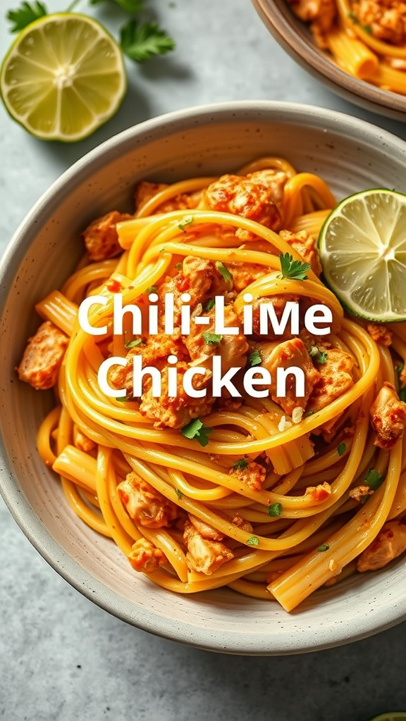 Chili Lime Chicken Pasta with lime wedges and cilantro