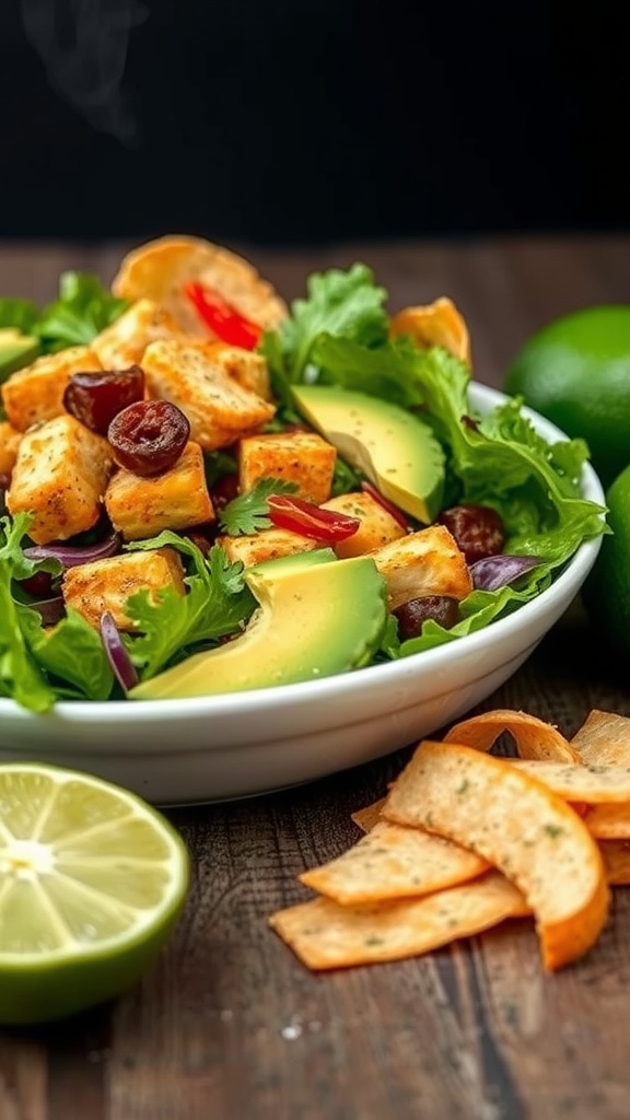 A colorful chili lime chicken salad with avocado, greens, and tortilla strips