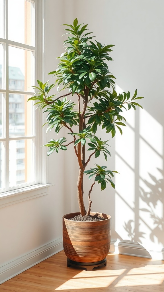 A Chinese Evergreen plant in a stylish pot, illuminated by sunlight near a window.