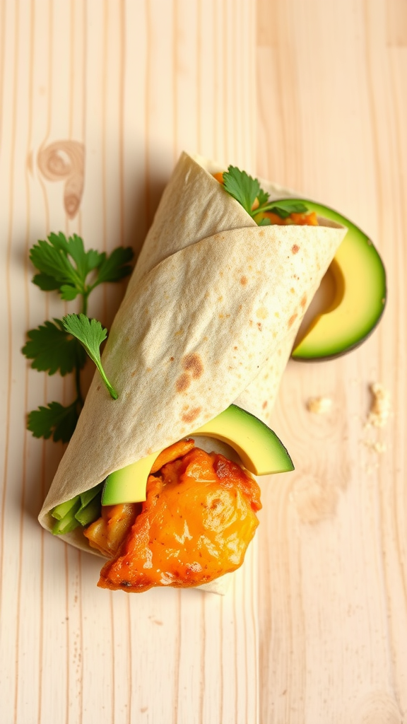 A delicious Chipotle Cheesy Chicken Wrap with avocado and cilantro on a wooden surface.