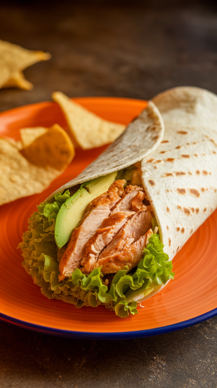 A close-up of a Chipotle Lime Chicken Wrap with lettuce and avocado on a colorful plate