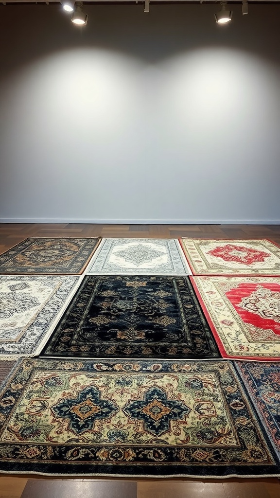 A variety of rugs laid out, showcasing different patterns and textures.