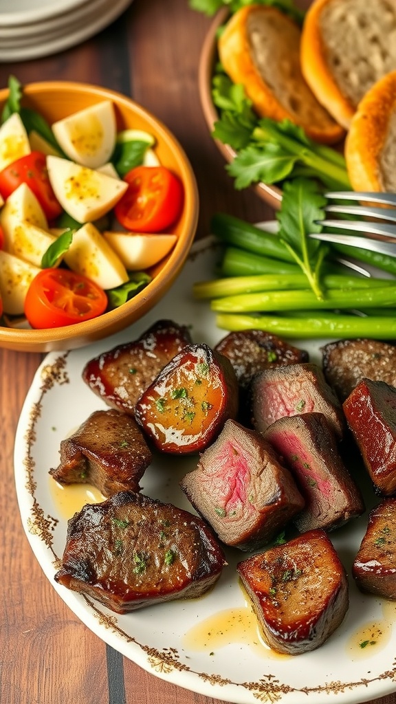 Plate of garlic butter steak bites with salad and green onions.