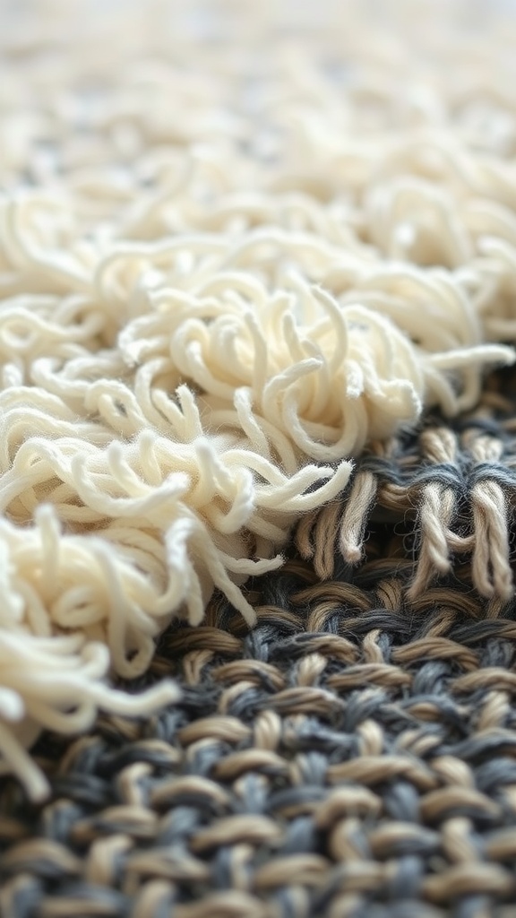Close-up of soft layered rugs showcasing deep-pile and flat woven textures.