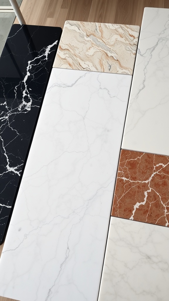 Various samples of marble in different colors and patterns for coffee tables.