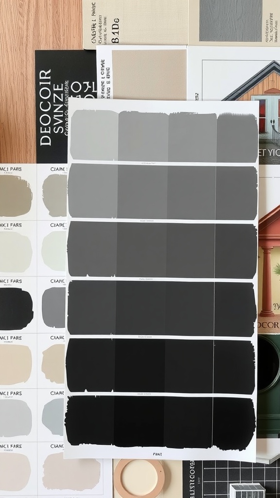 Color swatches showcasing different shades of black and gray paint.