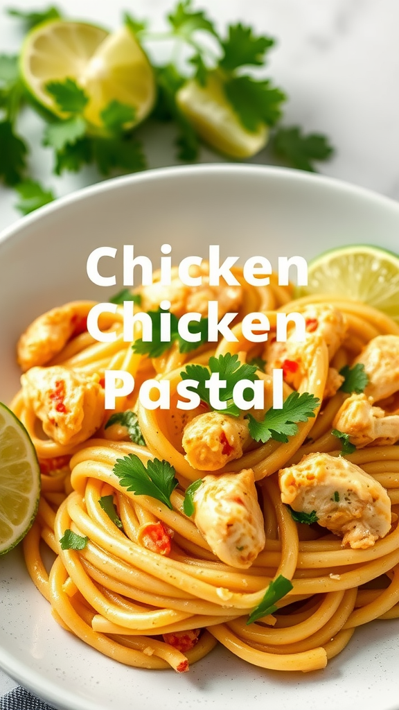 Cilantro Lime Chicken Pasta with lime wedges and fresh cilantro