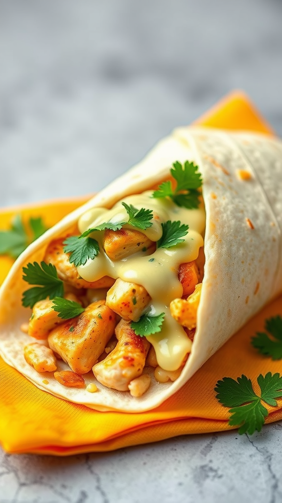 Cheesy garlic chicken wrap with cilantro and lime sauce