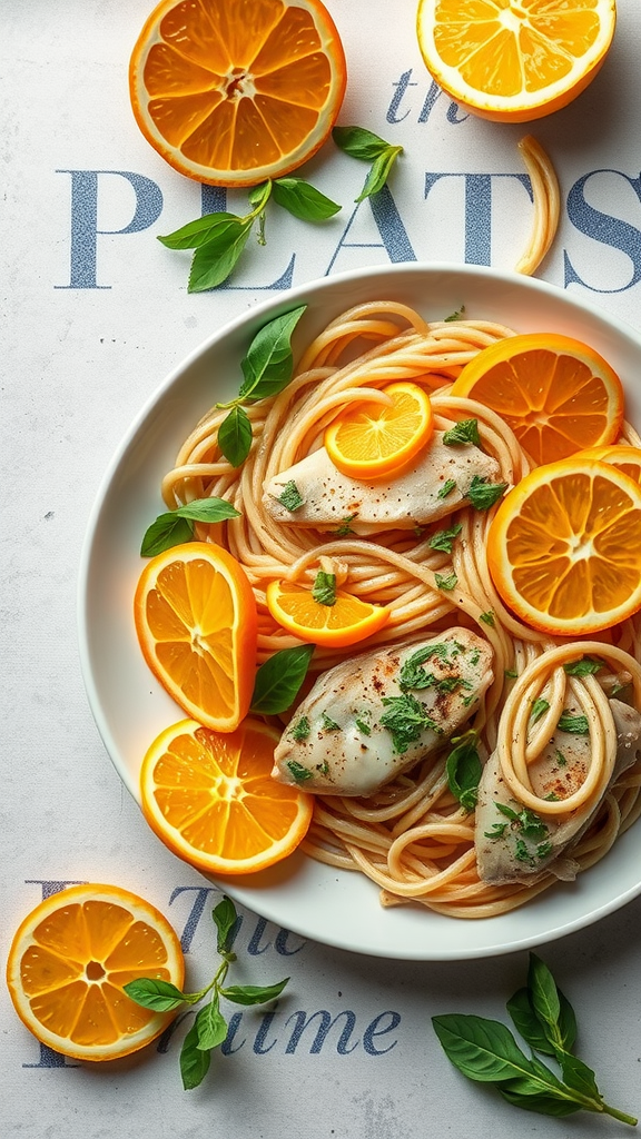 A plate of citrus infused chicken pasta with orange slices and basil.