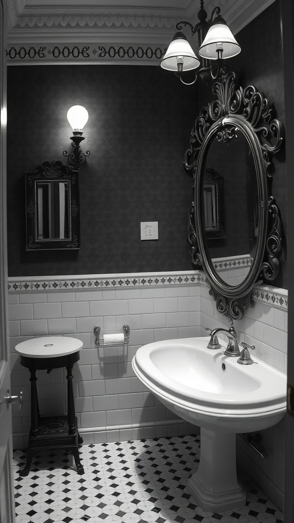A classic black and white vintage bathroom featuring elegant fixtures and stylish decor.